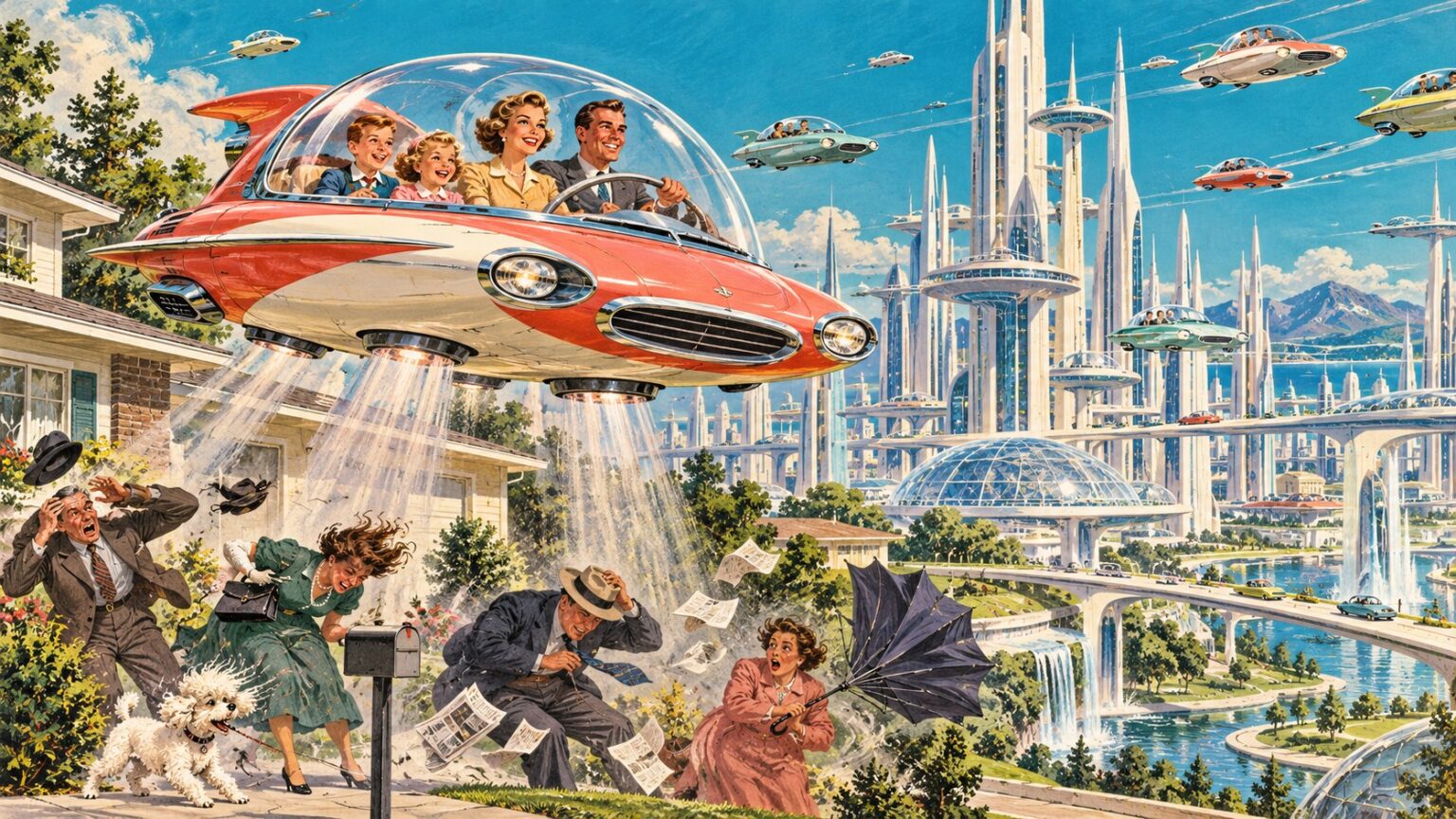 Retro ilustrace: rodina letí v létajícím autě nad předměstím a proud vzduchu pod ním strhává chodcům klobouky, noviny a deštník